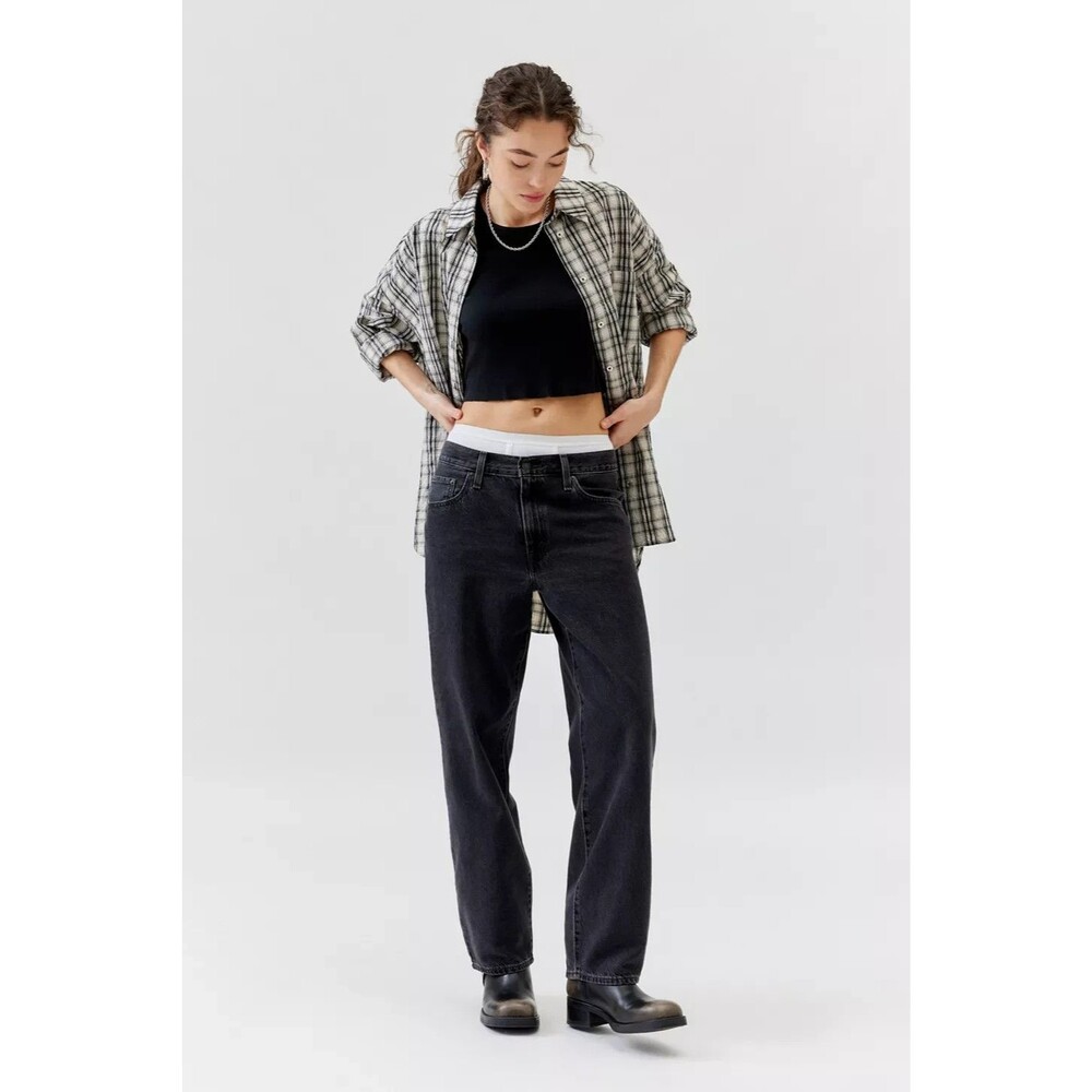 Levis Premium Womens Baggy Dad Denim Jeans Black Gray Mid Rise Loose Relaxed